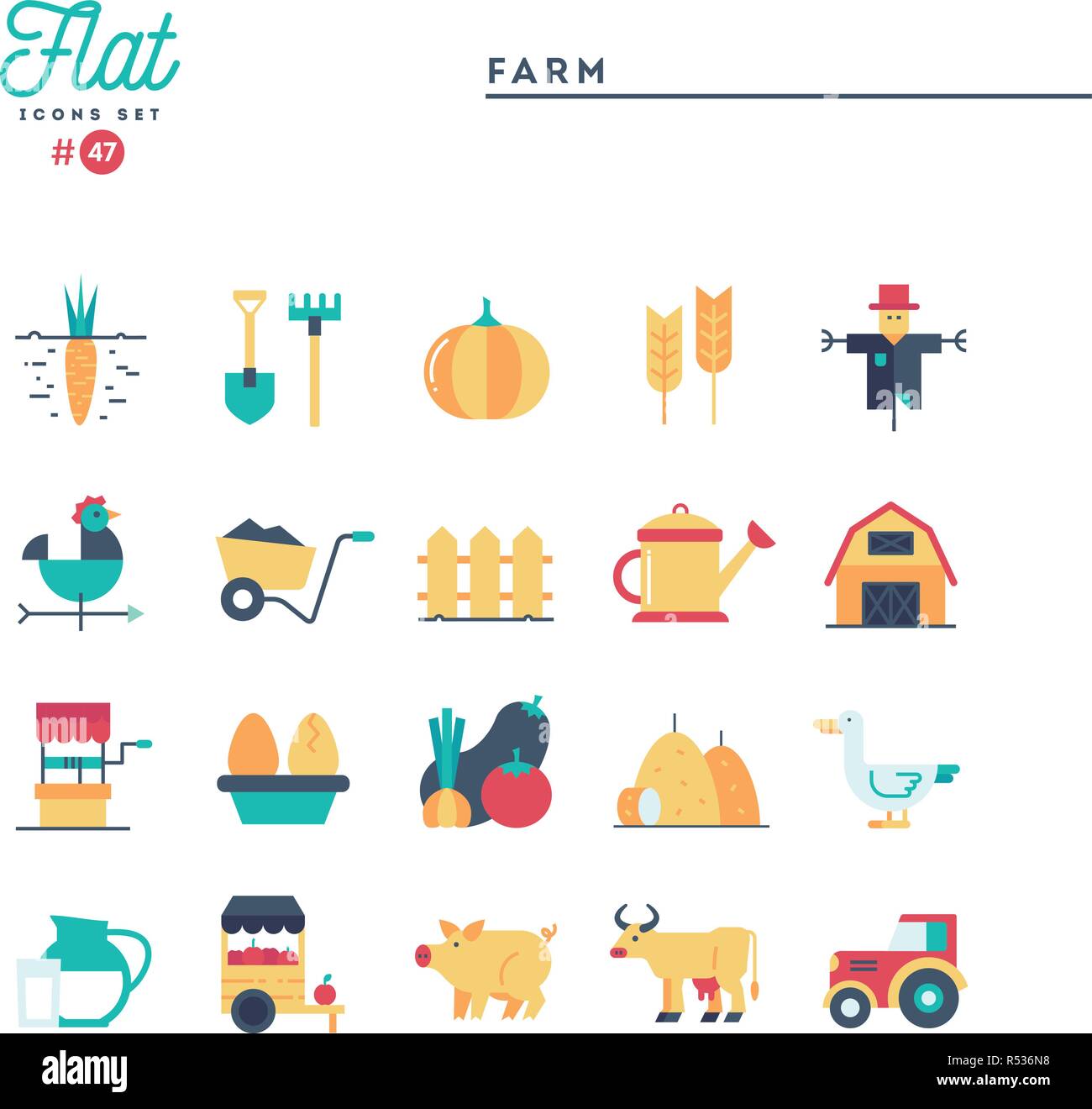 Farm, animals, land, food production and more, flat icons set Stock Vector