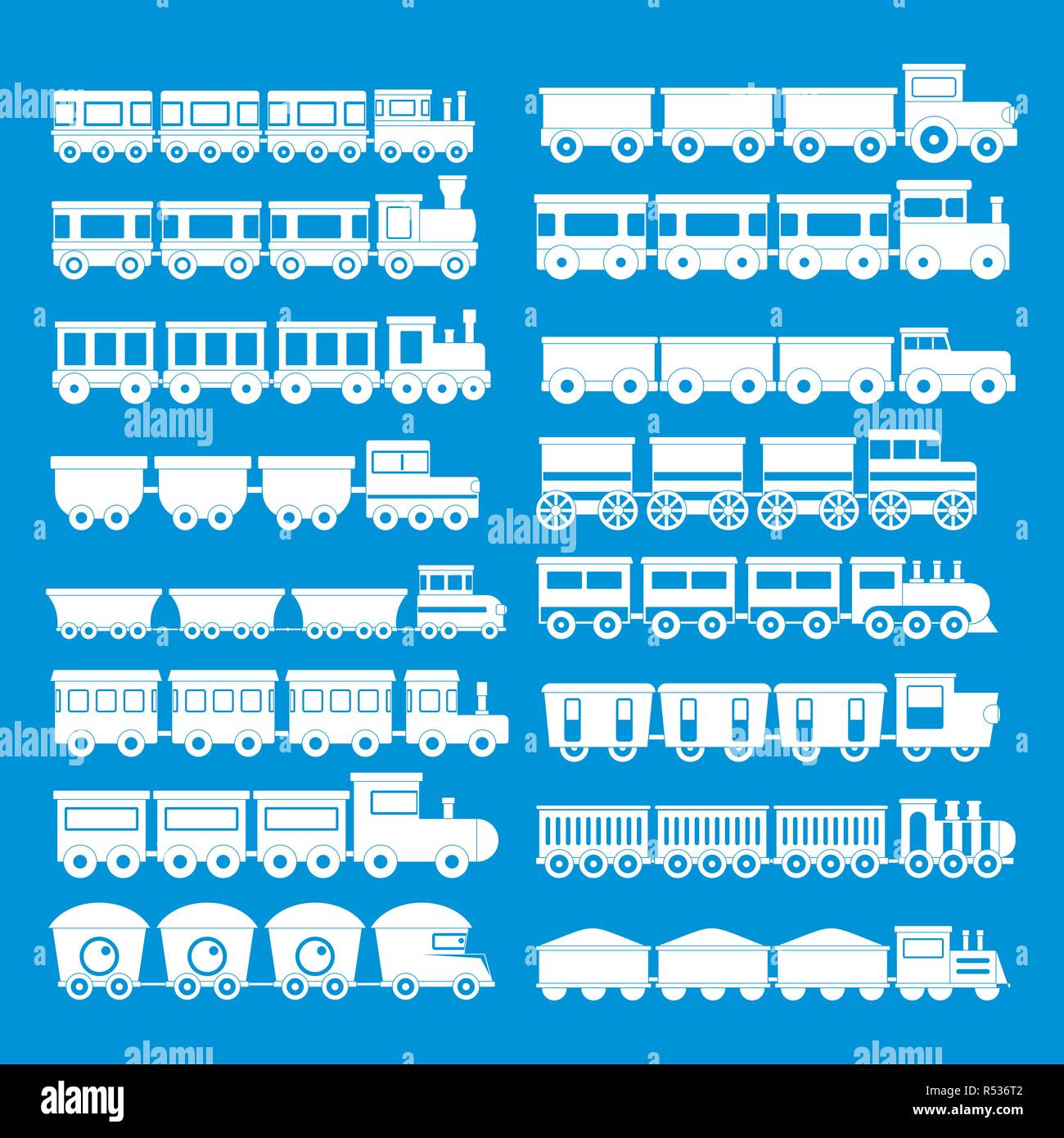 Train toy children icons set. Simple illustration of 16 train toy children vector icons for web Stock Vector