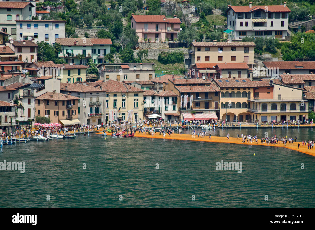 The Floating Piers by Chisto and Jeanne Claude, on Iseo lake between Sulzano e Monte Isola in Italy. It was on site fron June 18th to July 3rd, 2016 Stock Photo