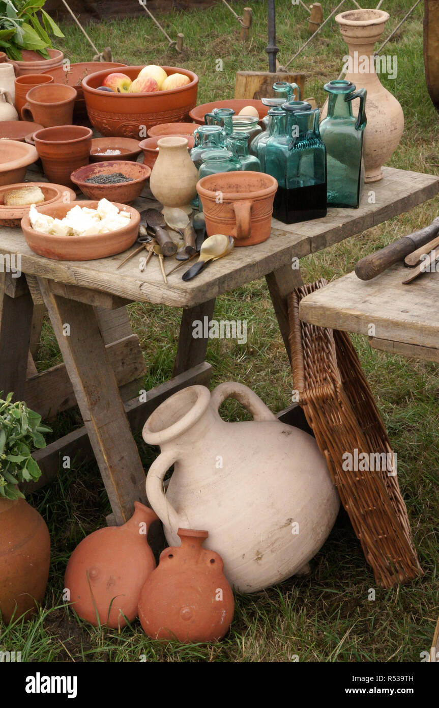 Part of a display of ancient Roman food and ingredients Stock Photo