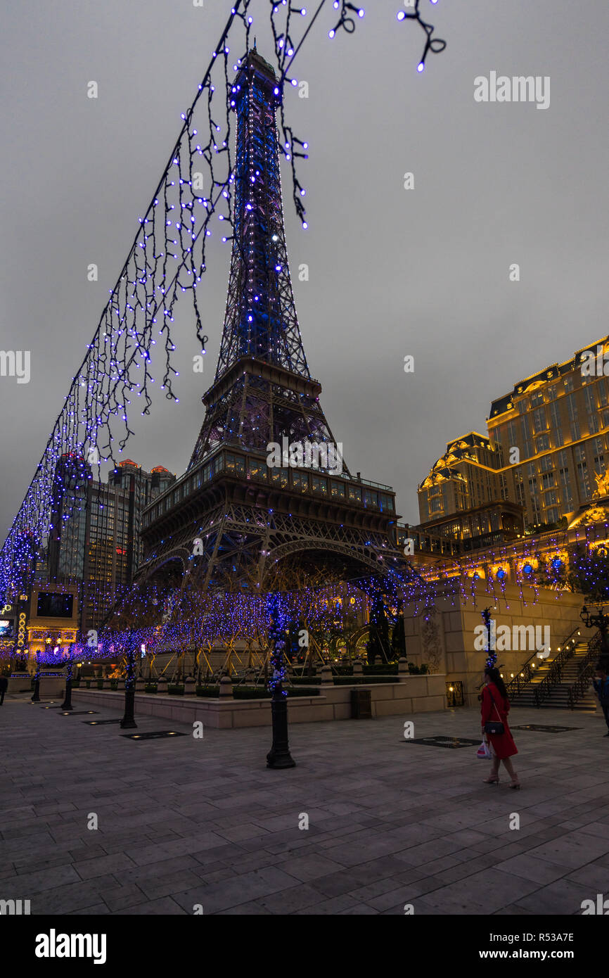 The half scale Eiffel Tower of Parisian hotel and casino is a famous landmark of Macau. Macau, January 2018 Stock Photo