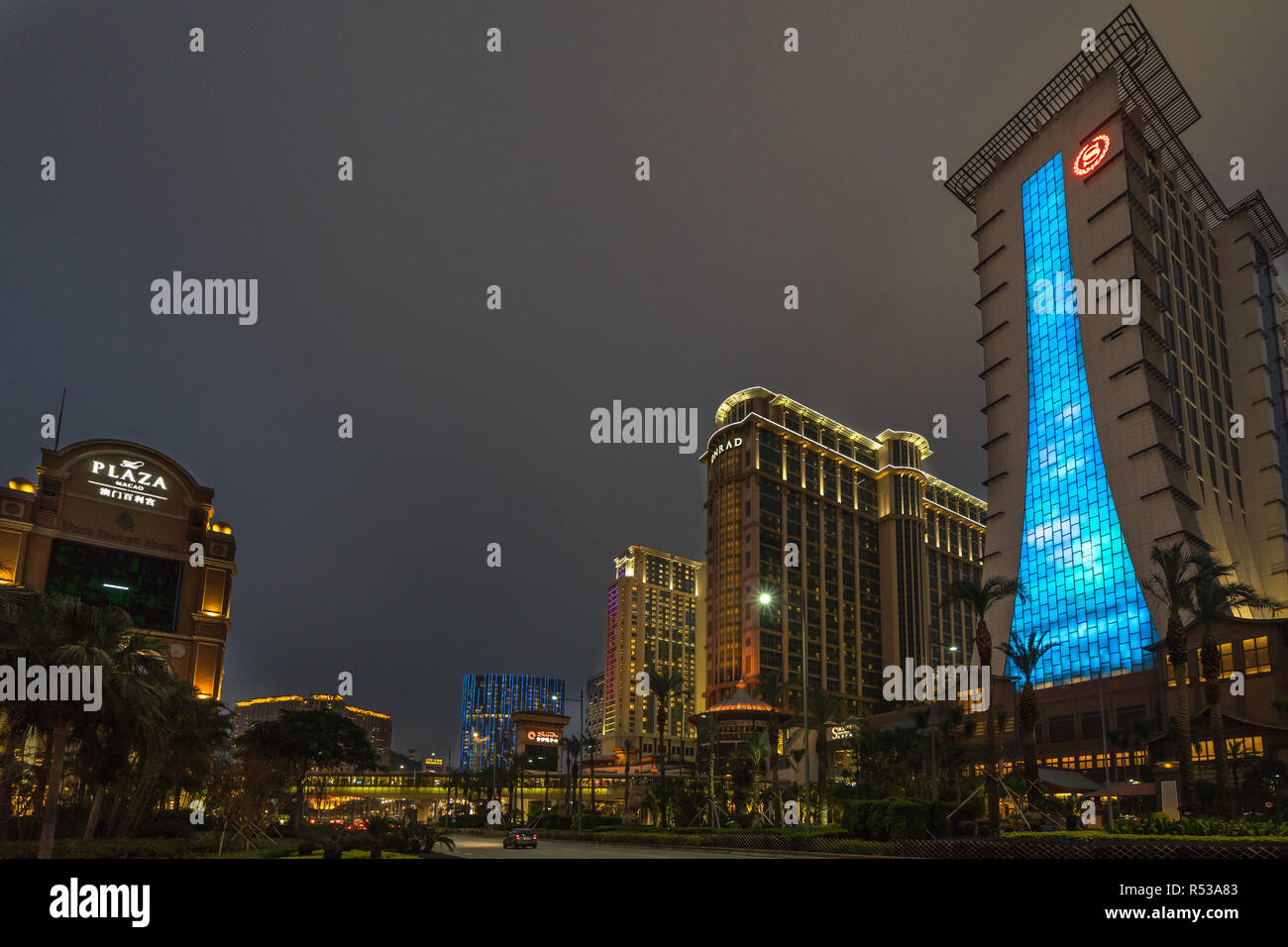 Night view of the Cotai strip, a famous street and tourist attraction in Macau with many casinos and luxury hotel. Macau, January 2018 Stock Photo
