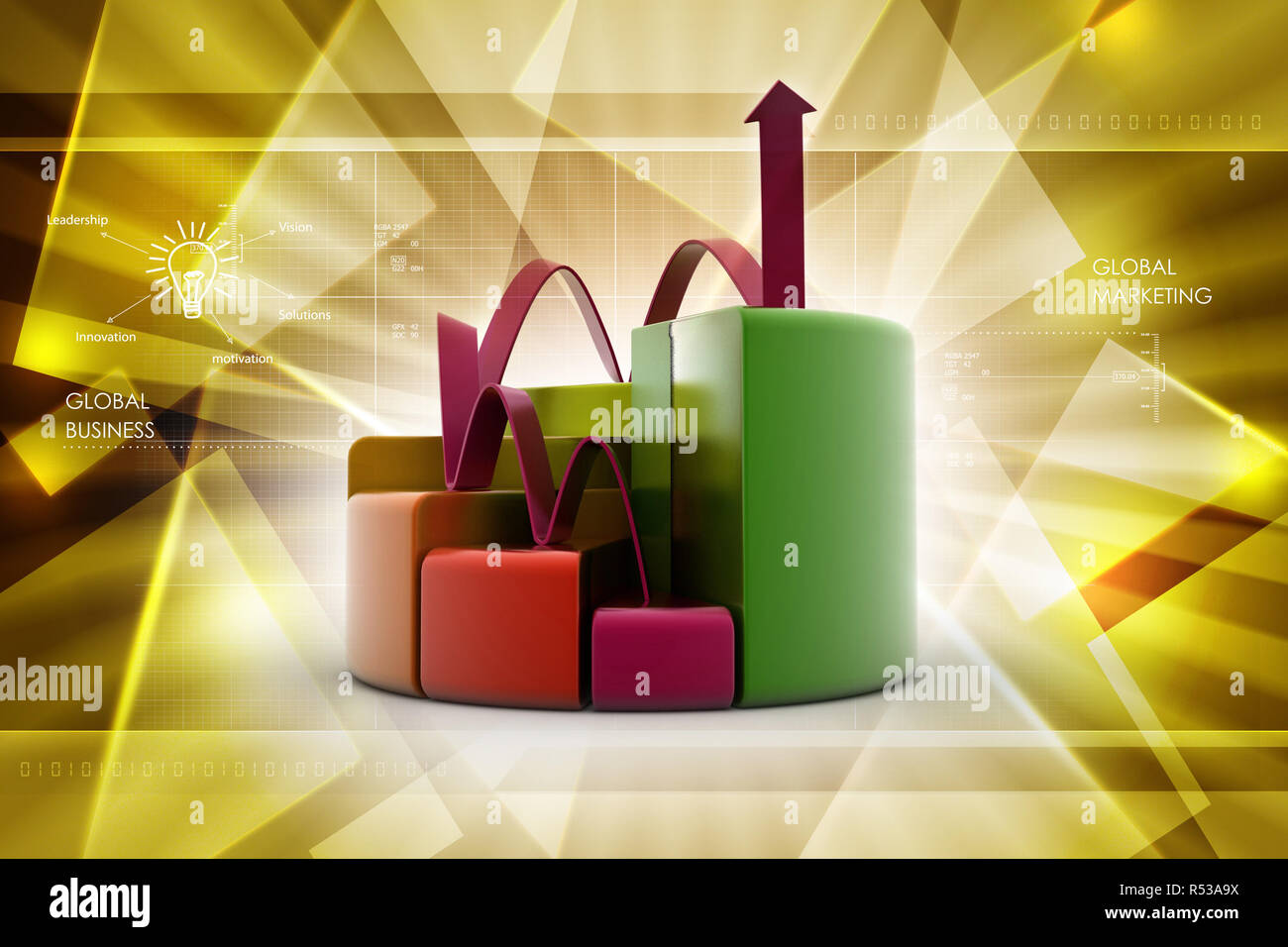 finance pie and bar chart graphs with growing arrow Stock Photo - Alamy