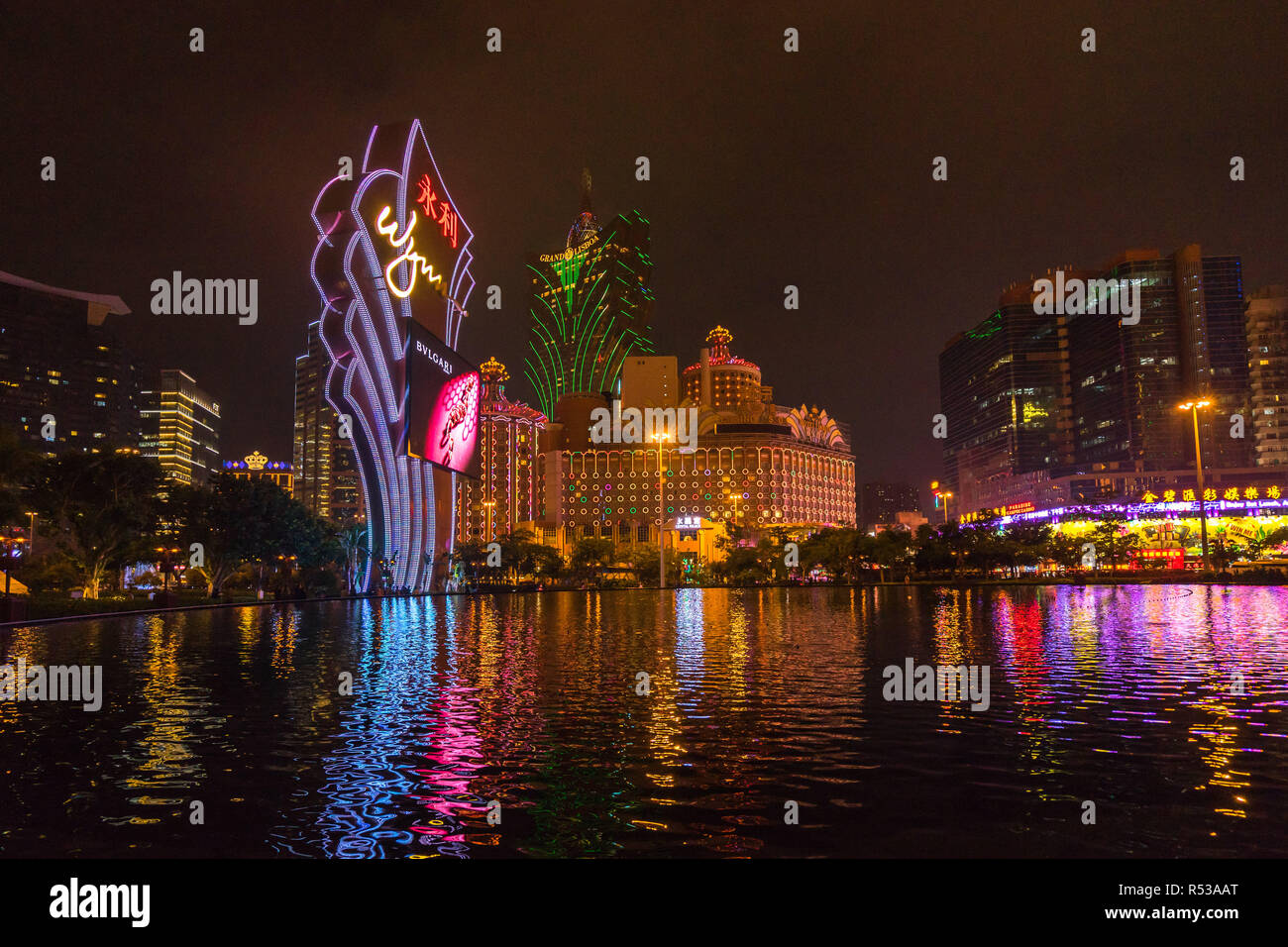 Night cityscape with famous casinos in Macau, the gambling capital of Asia. Macau, January 2018 Stock Photo