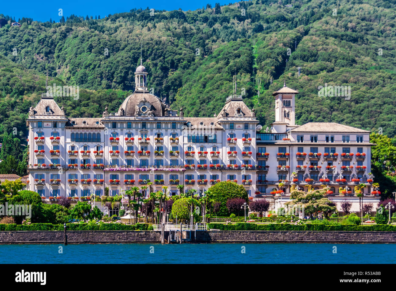 Stresa, Italy, July 12, 2012: Grand Hotel et Les Borromees. A palatial, Art Nouveau hotel overlooking Lake Maggiore. Stock Photo
