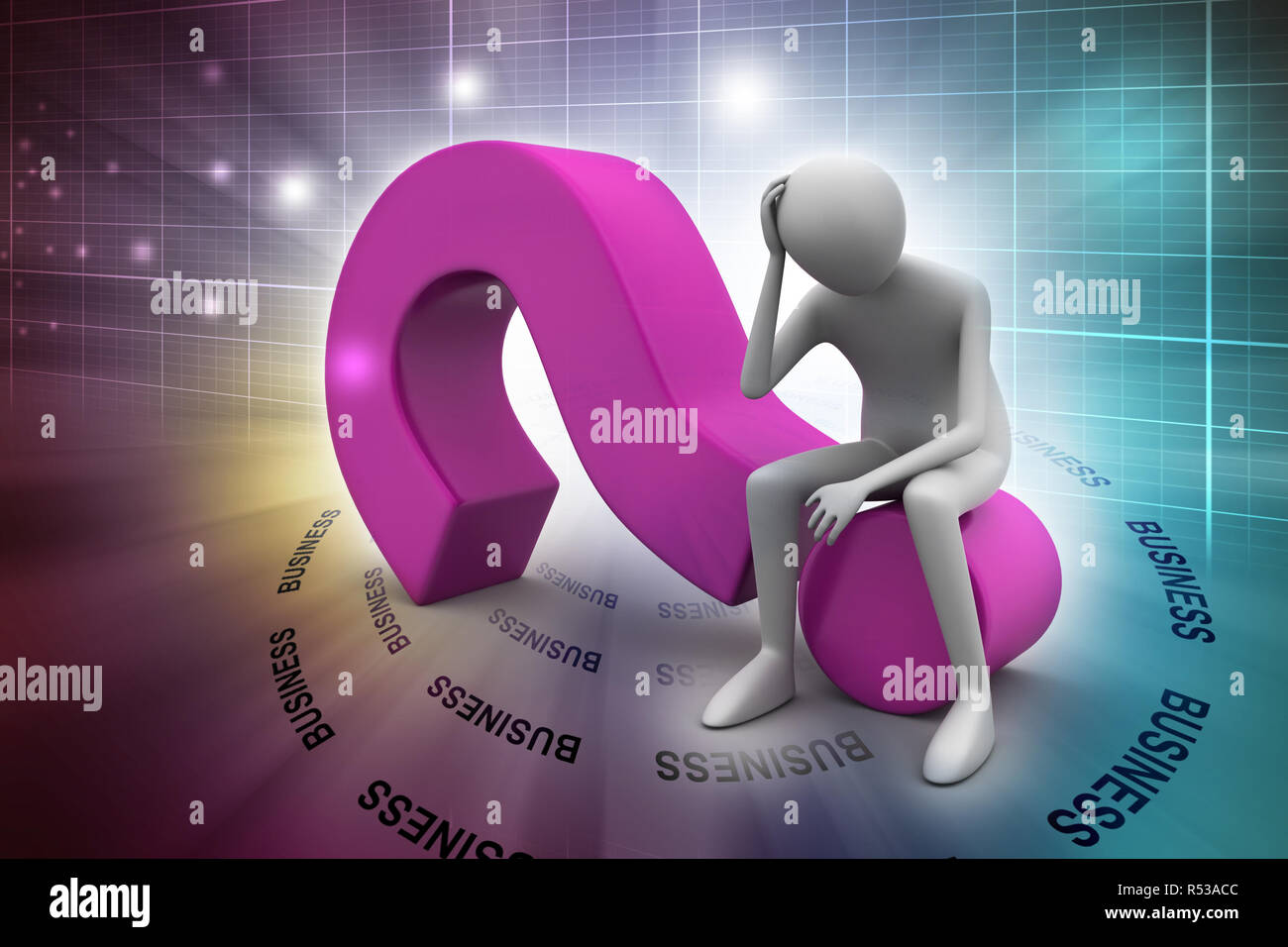 3d man sitting on the question mark Stock Photo - Alamy