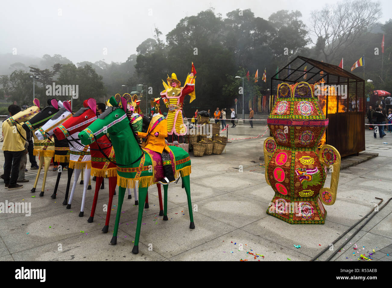 Ritual burning ceremony under the Tian Tan Buddha. Hong Kong, Lantau Island, January 2018 Stock Photo