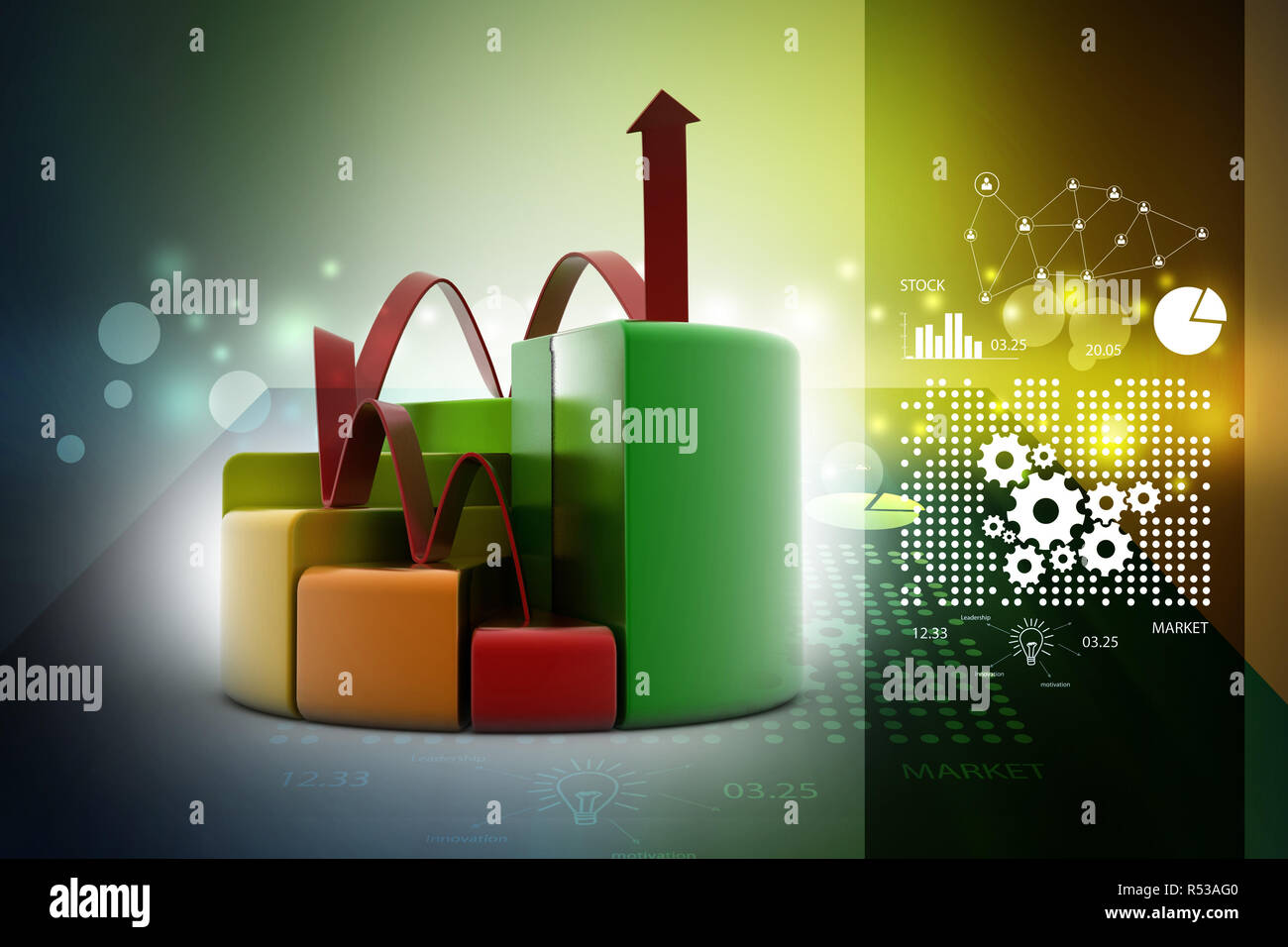 finance pie and bar chart graphs with growing arrow Stock Photo - Alamy