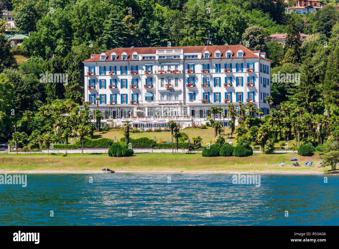 Lido Palace Hotel. This upscale 19th-century hotel overlooking Lake Maggiore and the Borromean Islands is 11 minutes' walk from Baveno ferry terminal. Stock Photo