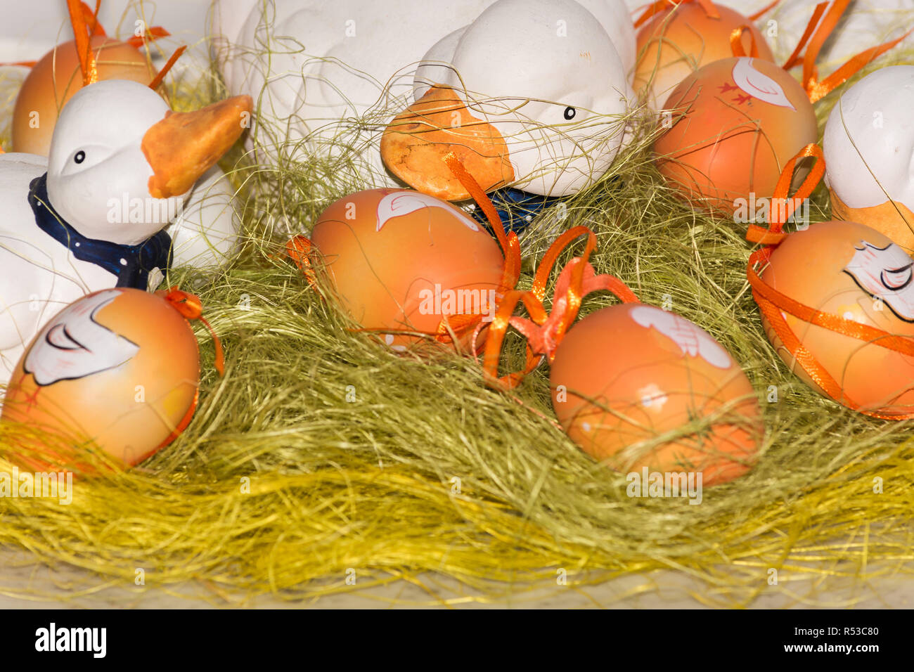 ostest with geese and painted easter eggs. Stock Photo