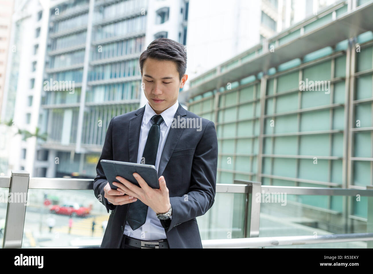 Business man use of tablet computer stock photo alamy