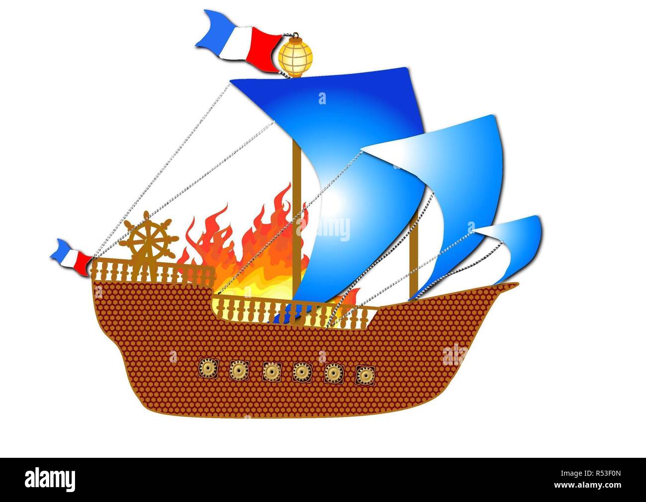 French medieval ship in fire Stock Photo