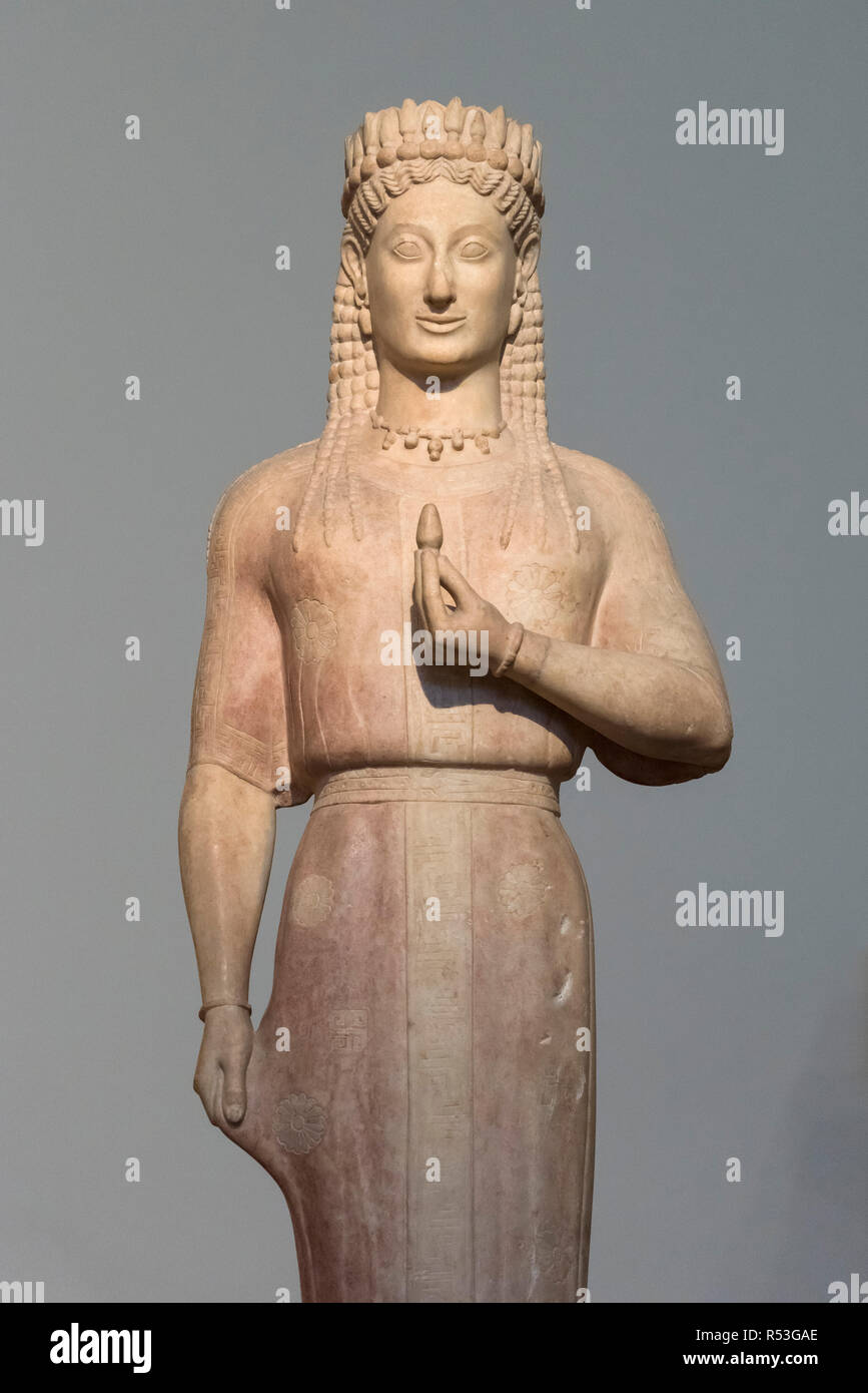 Athens. Greece. The Phrasikleia Kore, Archaic Greek funerary statue by the sculptor Aristion of Paros, 550-540 BC. National Archaeological Museum of A Stock Photo