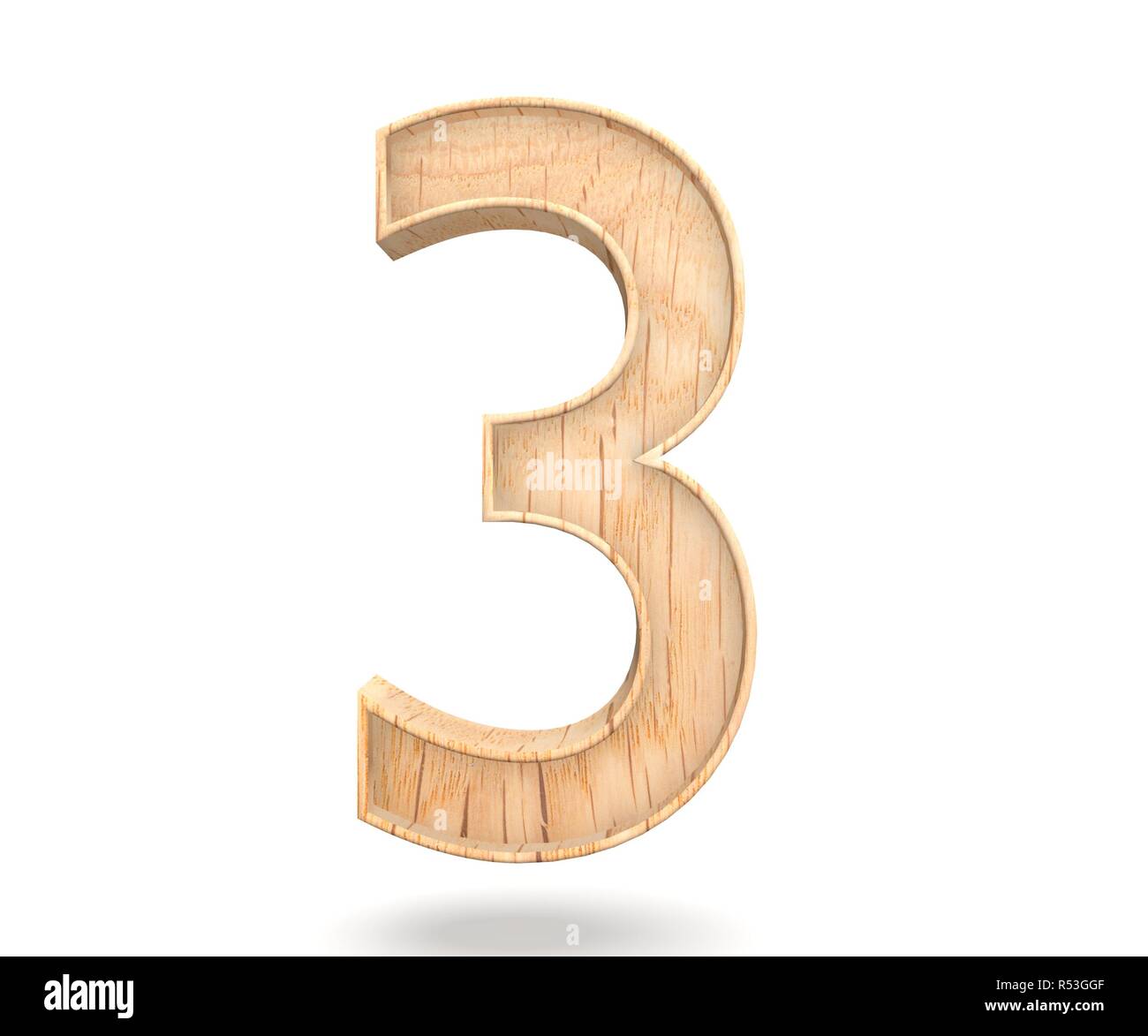 Decorative wooden alphabet digit three symbol - 3. 3d rendering illustration. Isolated on white background Stock Photo