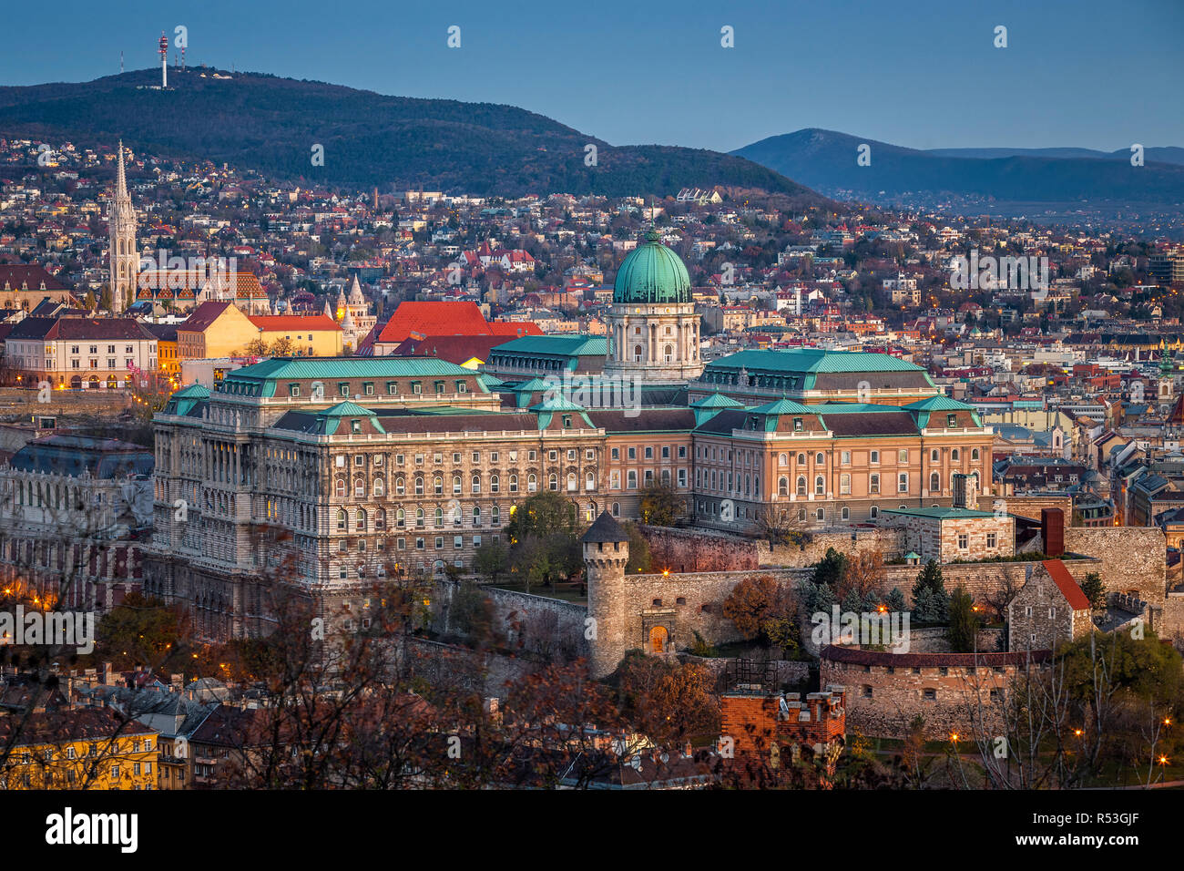 Budapest, Hungary - Aerial view of the beautiful Buda Castle Royal palace and Matthias Church in Buda district at dawn Stock Photo