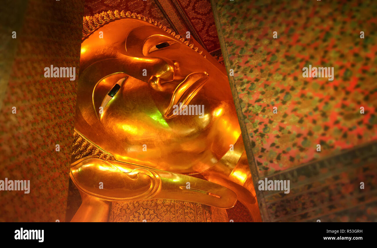 Sleeping Buddha statue at the free royalty public temple in Bangkok Thailand. Stock Photo