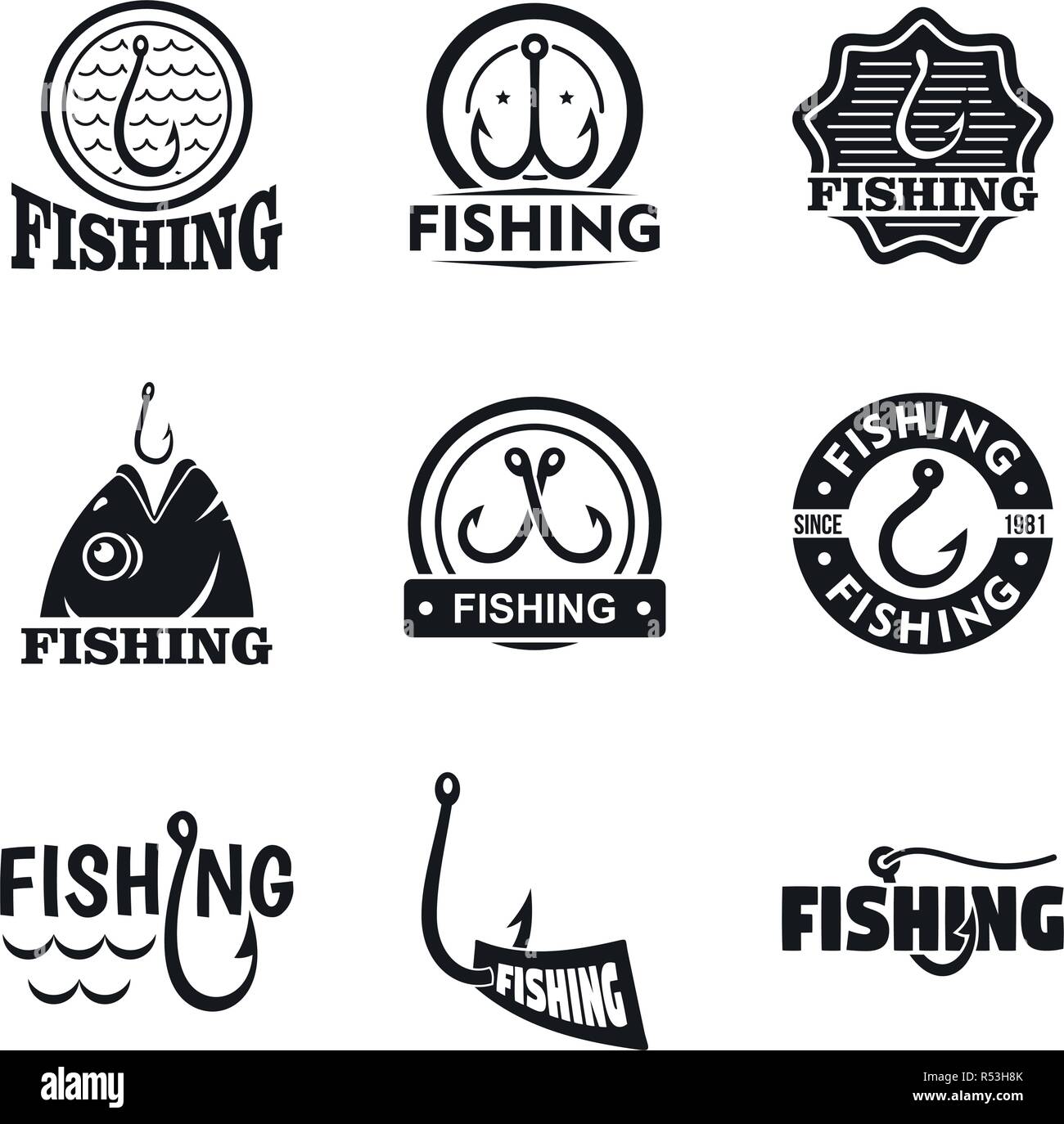 Fishing hook logo set. Simple set of fishing hook vector logo for web