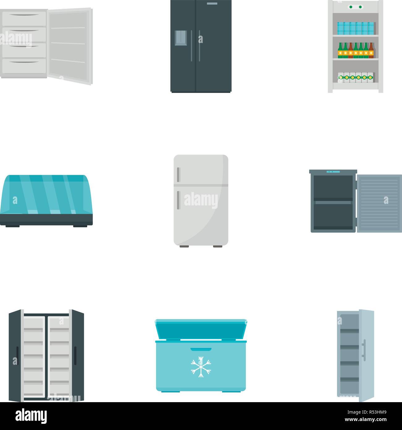 Fridge icon set. Flat set of 9 fridge vector icons for web design Stock Vector
