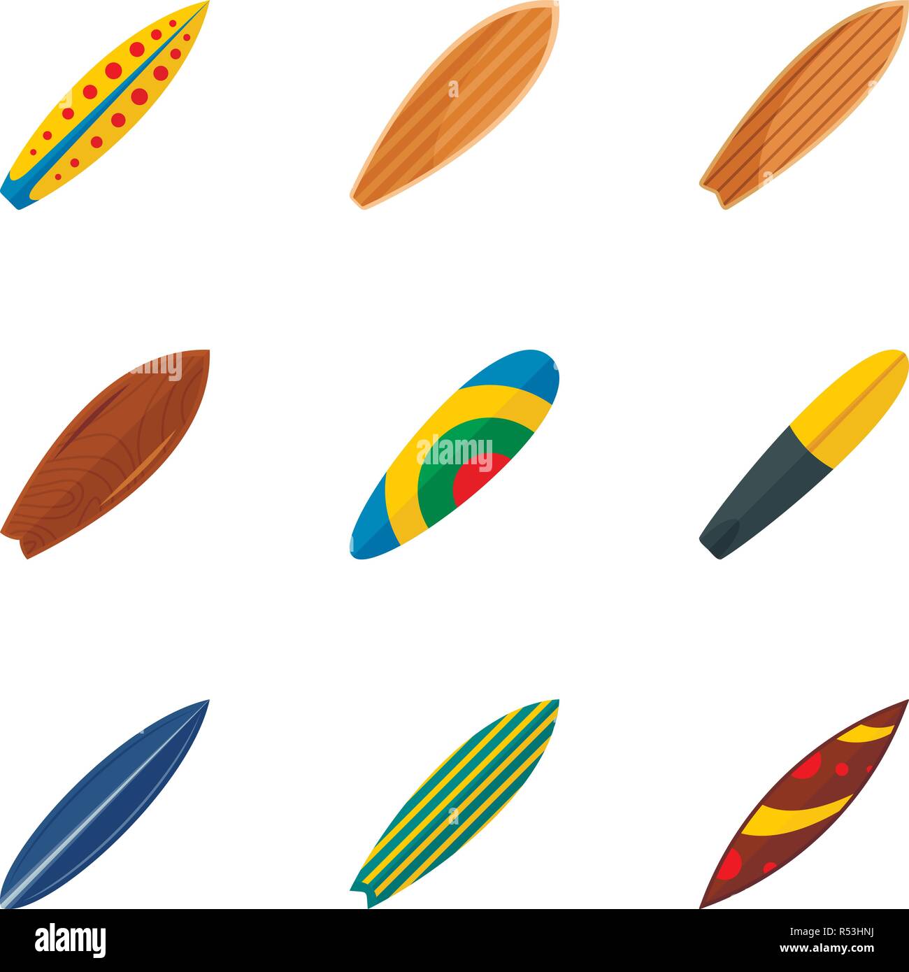 Surf board icon set. Flat set of 9 surf board vector icons for web ...