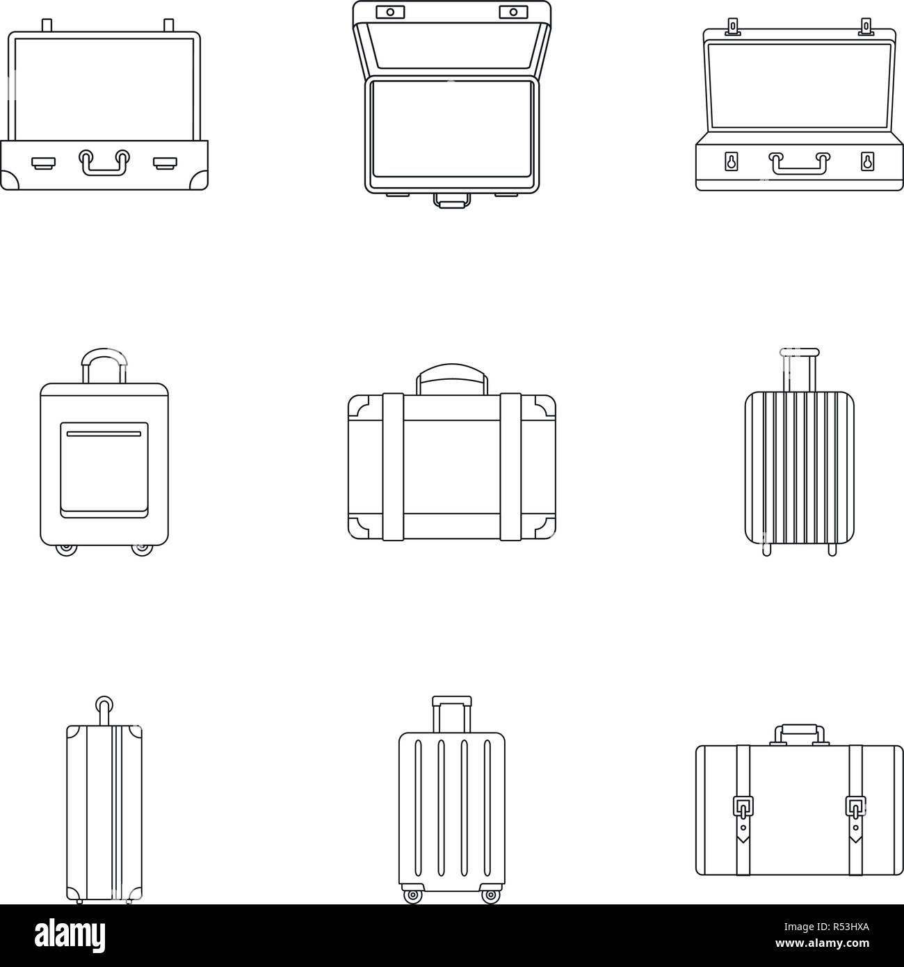 Travel bag icon set. Outline set of 9 travel bag vector icons for web design isolated on white background Stock Vector