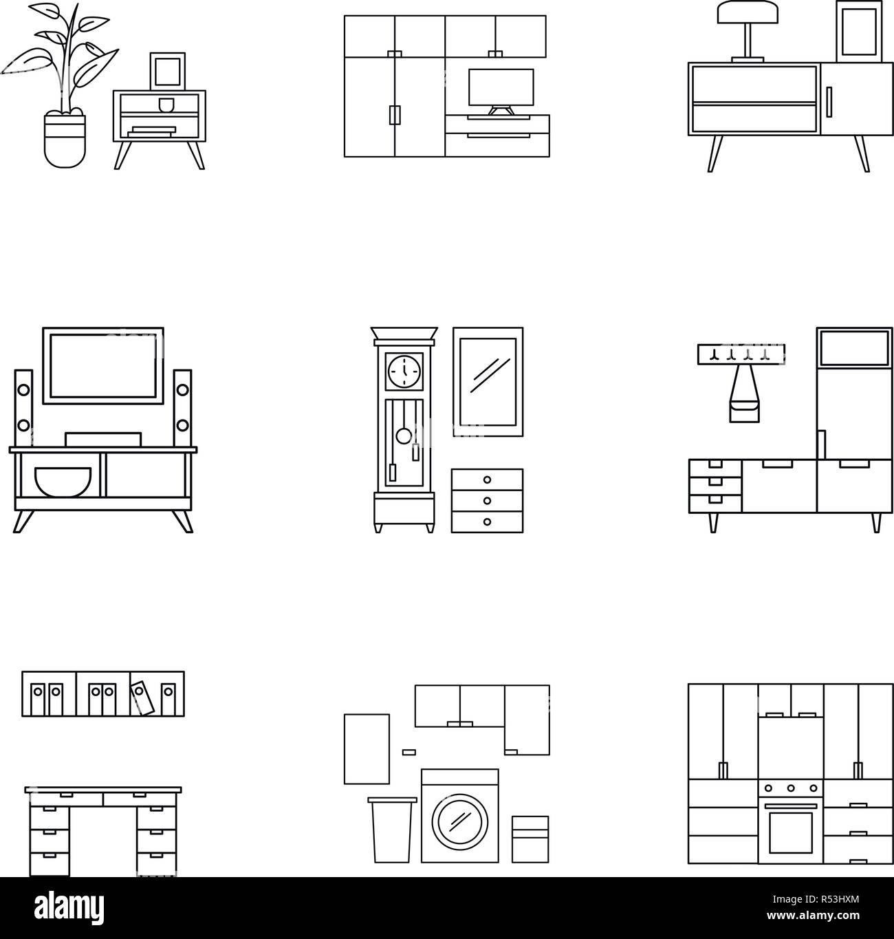 Furniture icon set. Outline set of 9 furniture vector icons for web ...