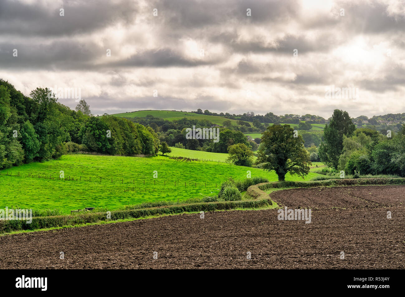 A rural English scene with a ploughed field. Stock Photo
