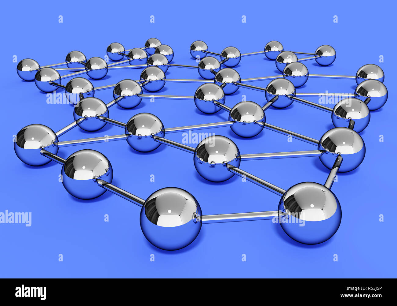Network connections. Chrome knots on a blue background. 3d render illustration. Stock Photo