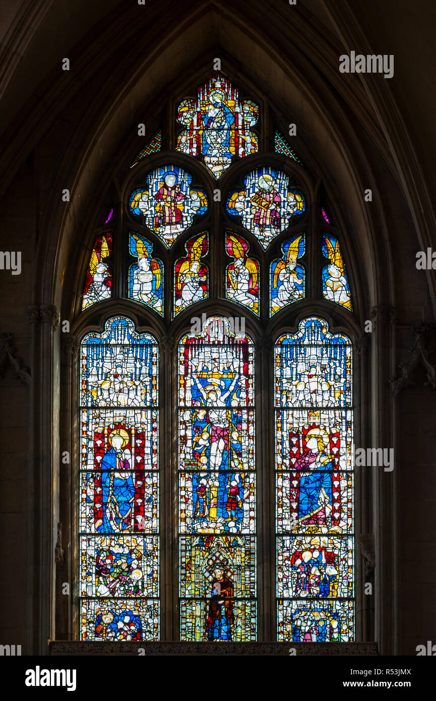 Medieval stained glass window depicting scenes from the life and