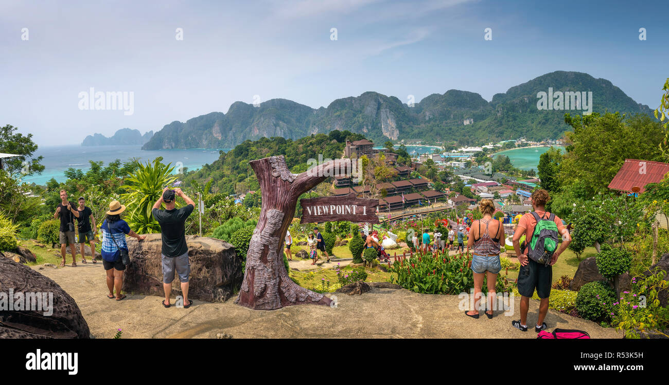 Tourists enjoy panoramic view over Koh Phi Phi Island in Thailan Stock Photo