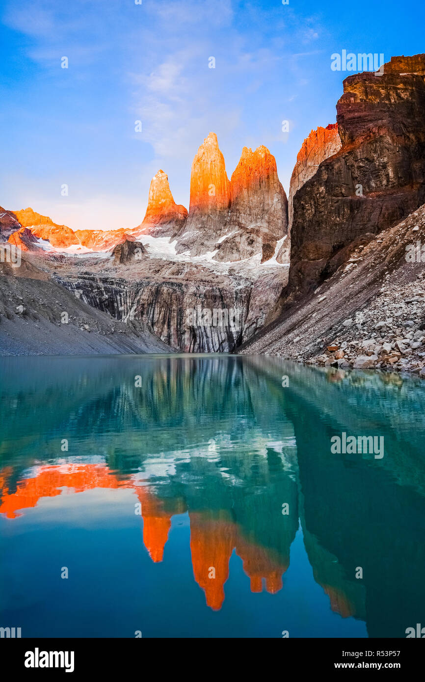 Laguna torres with the towers at sunset, Torres del Paine National Park,  Patagonia, Chile Stock Photo - Alamy