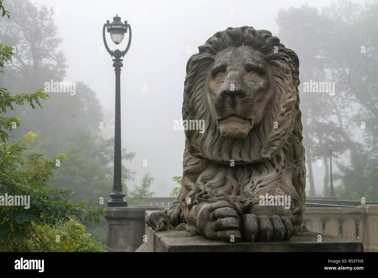 Lion statue in the fo near the North Point Lighthouse, Milwaukee, Wi