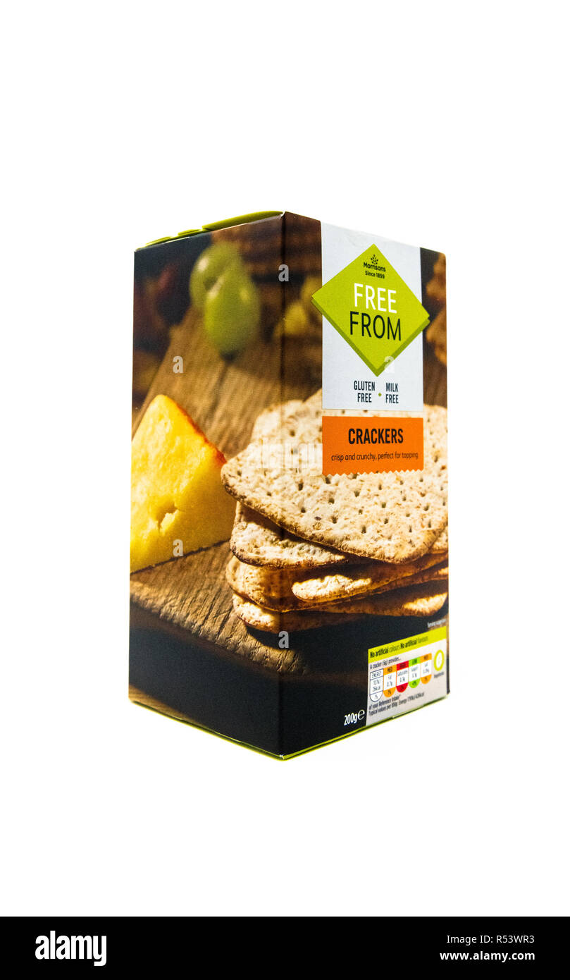 Morrisons gluten and milk free crackers in a branded cardboard box. Stock Photo