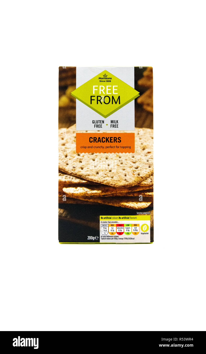 Morrisons gluten and milk free crackers in a branded cardboard box. Stock Photo