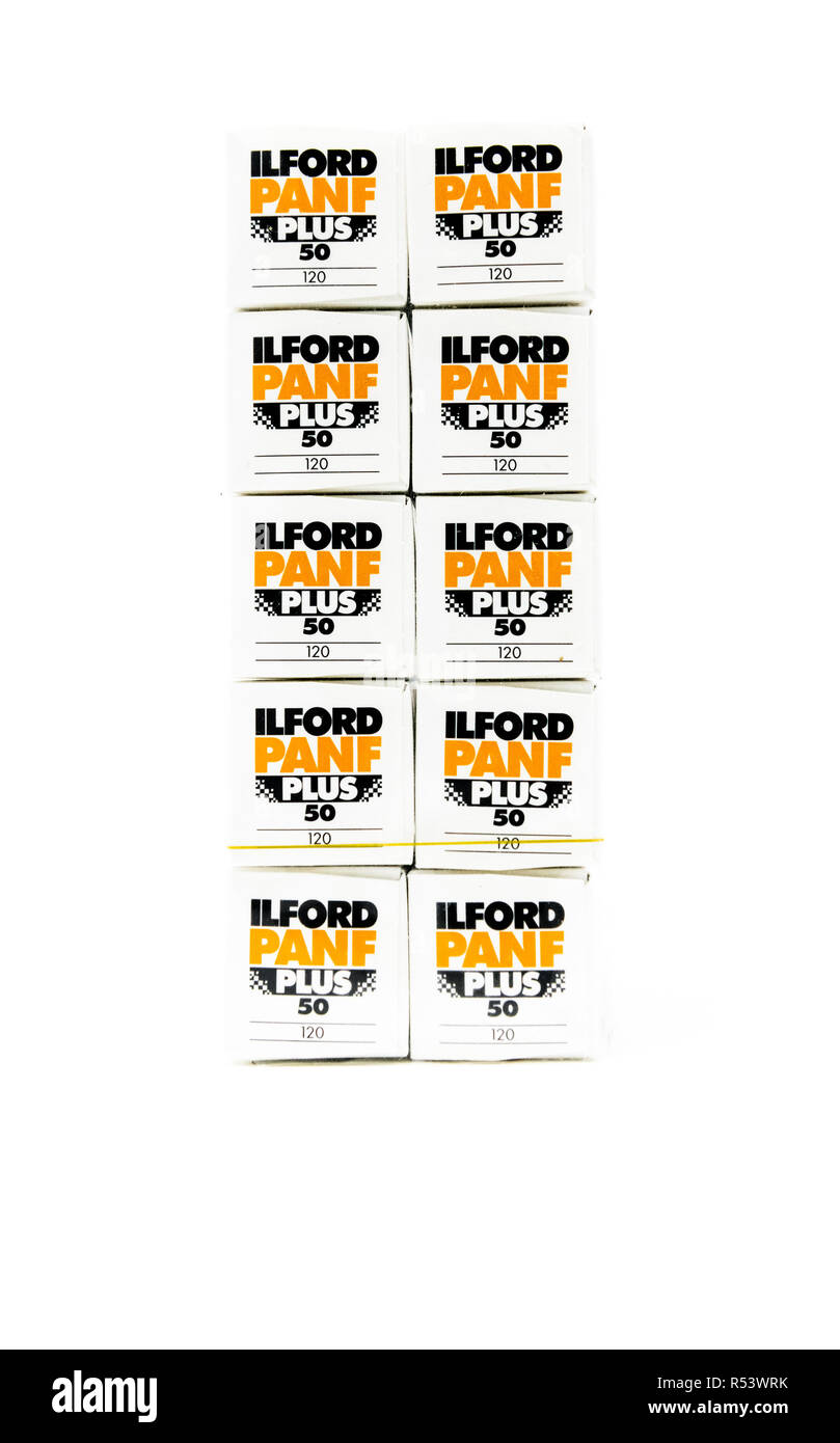 Ten 120 rolls of Ilford Pan F plus 50 black and white film. Stock Photo