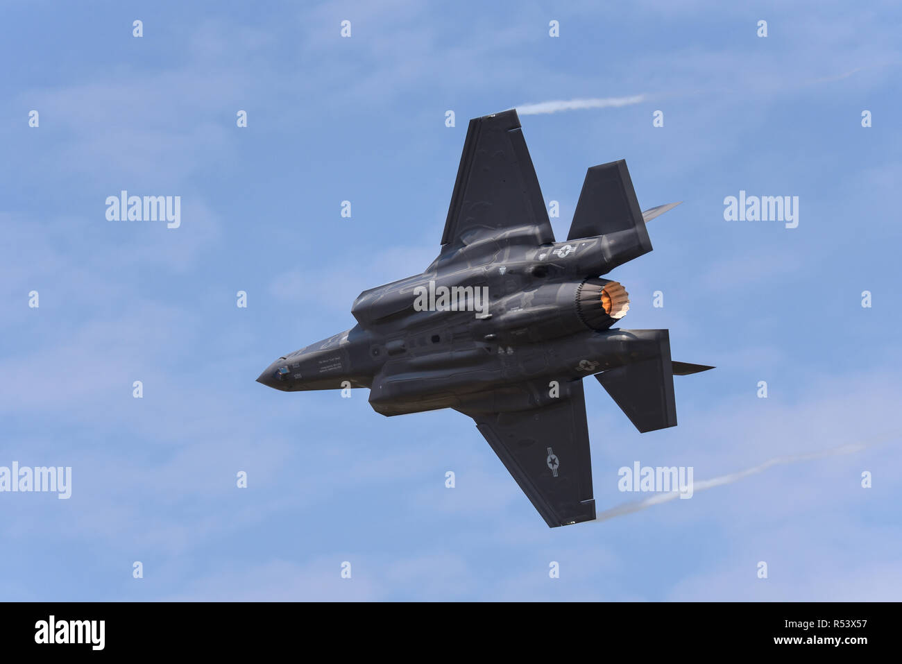 USAF F-35 Lightning II fighter jet plane at Royal International Air Tattoo, RIAT 2018, RAF Fairford. United States Air Force stealth fighter flying Stock Photo