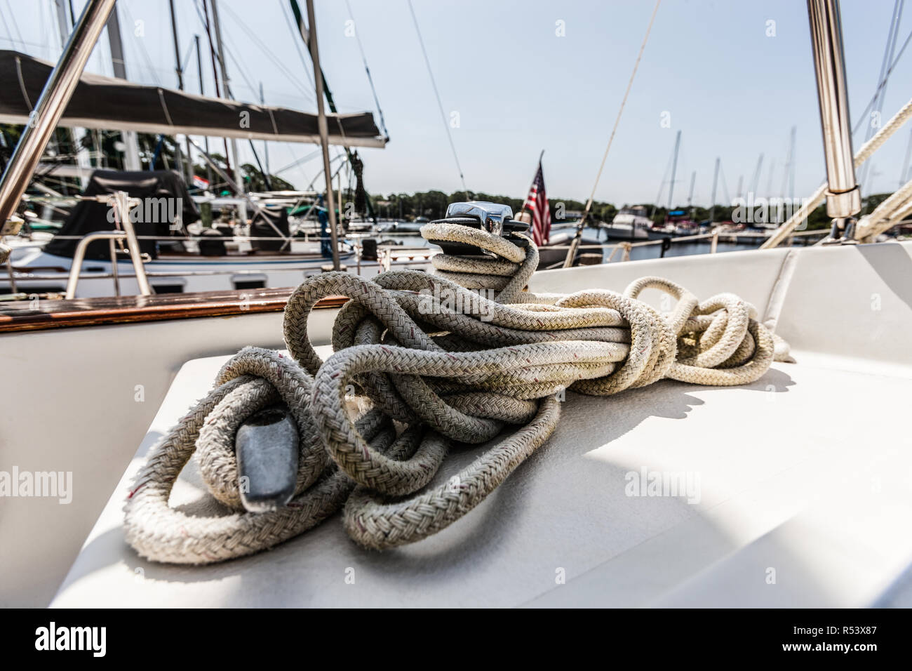 Nautical Cleat and Rope on Sailboat Stock Photo