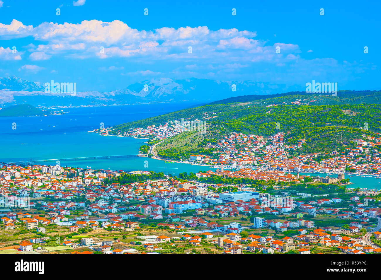 Scenic view at amazing cityscape of Trogir town in Dalmatia region, Croatia Mediterranean. Stock Photo
