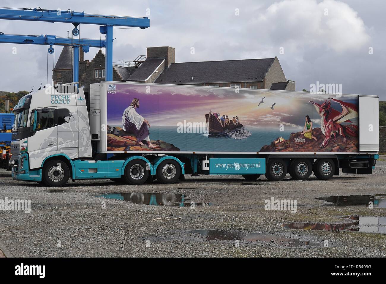 PECHE GROUP REFRIGERATED TRUCK WITH ARTWORK ON THE SIDE Stock Photo