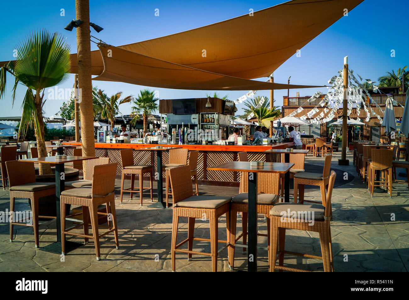 Beautiful and cozy beach bar next to the ocean. Stock Photo