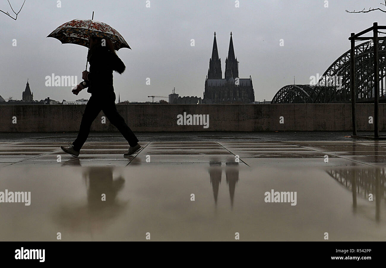 dpatop - 29 November 2018, North Rhine-Westphalia, Köln: A woman walks with her umbrella in the rain along the banks of the Rhine. - Alternative image detail - Photo: Oliver Berg/dpa Stock Photo