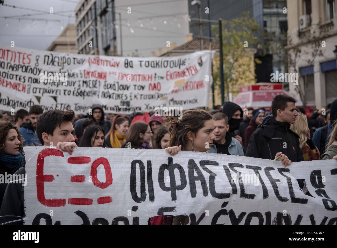 Athens, Greece. 29th Nov, 2018. Protesters are seen holding banners during the protest.Hundreds of students protest against the rise of fascism and racism in schools. Credit: Nikolas Joao Kokovlis/SOPA Images/ZUMA Wire/Alamy Live News Stock Photo