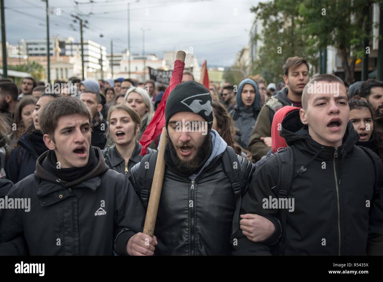 Athens, Greece. 29th Nov, 2018. Protesters are seen chanting slogans during the protest.Hundreds of students protest against the rise of fascism and racism in schools. Credit: Nikolas Joao Kokovlis/SOPA Images/ZUMA Wire/Alamy Live News Stock Photo