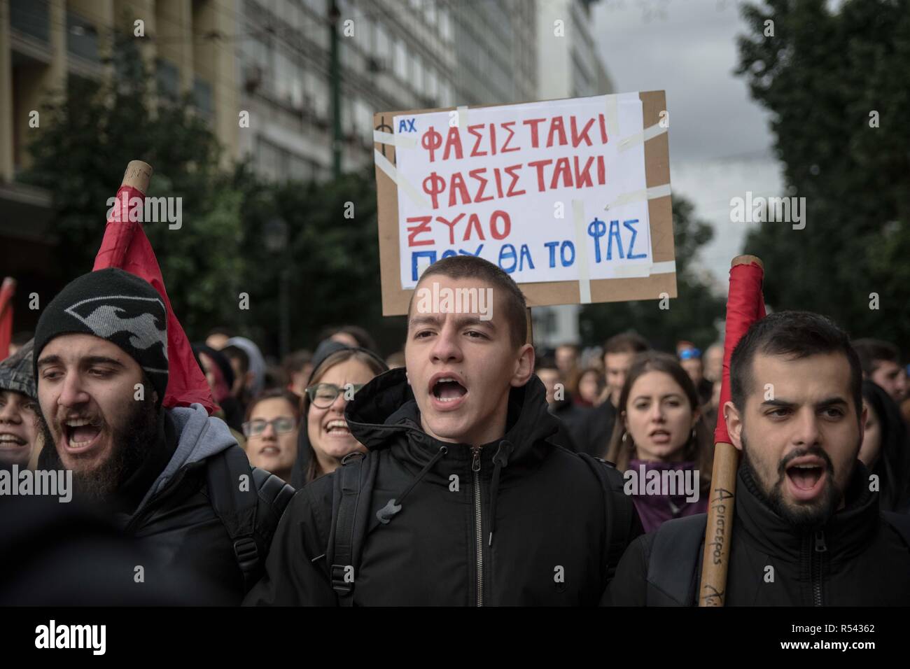 Athens, Greece. 29th Nov, 2018. Protesters are seen chanting slogans during the protest.Hundreds of students protest against the rise of fascism and racism in schools. Credit: Nikolas Joao Kokovlis/SOPA Images/ZUMA Wire/Alamy Live News Stock Photo