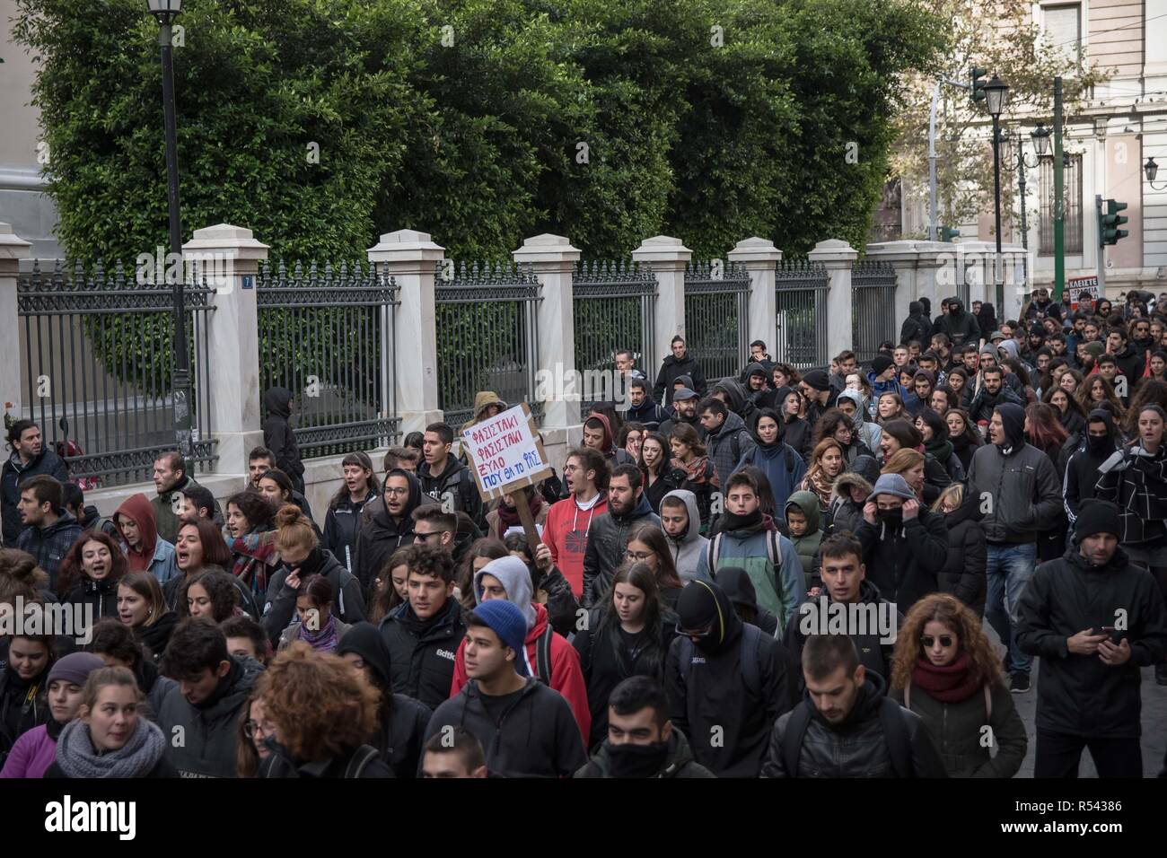 Athens, Greece. 29th Nov, 2018. Protesters are seen walking on the during the protest.Hundreds of students protest against the rise of fascism and racism in schools. Credit: Nikolas Joao Kokovlis/SOPA Images/ZUMA Wire/Alamy Live News Stock Photo