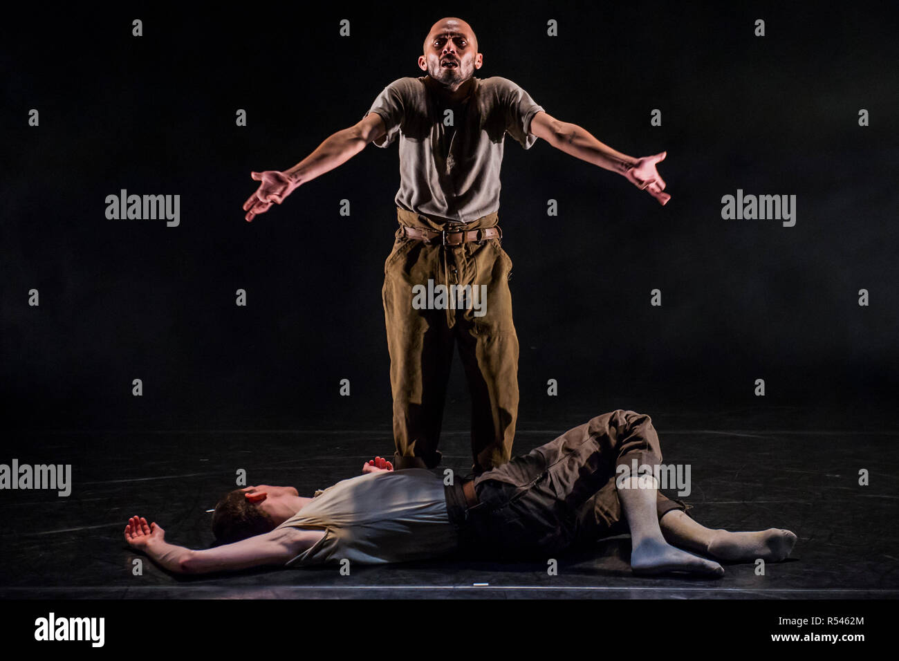 London, UK. 29th Nov 2018. Victor Callens and Mavin Khoo perform - Man to Monk: Part 1, Man by Mavin Khoo at Lilian Baylis Studio, Sadlers Wells. The Bharatanatyam dancers piece, is receiving its World Premiere. Choreographed by Carlos Pons Guerra, the production charts the journey between base human emotion, societal expectations and spiritual transcendence. Depicting the trials and tribulations experienced with emotions of raw lust, possession and rejection. Credit: Guy Bell/Alamy Live News Stock Photo