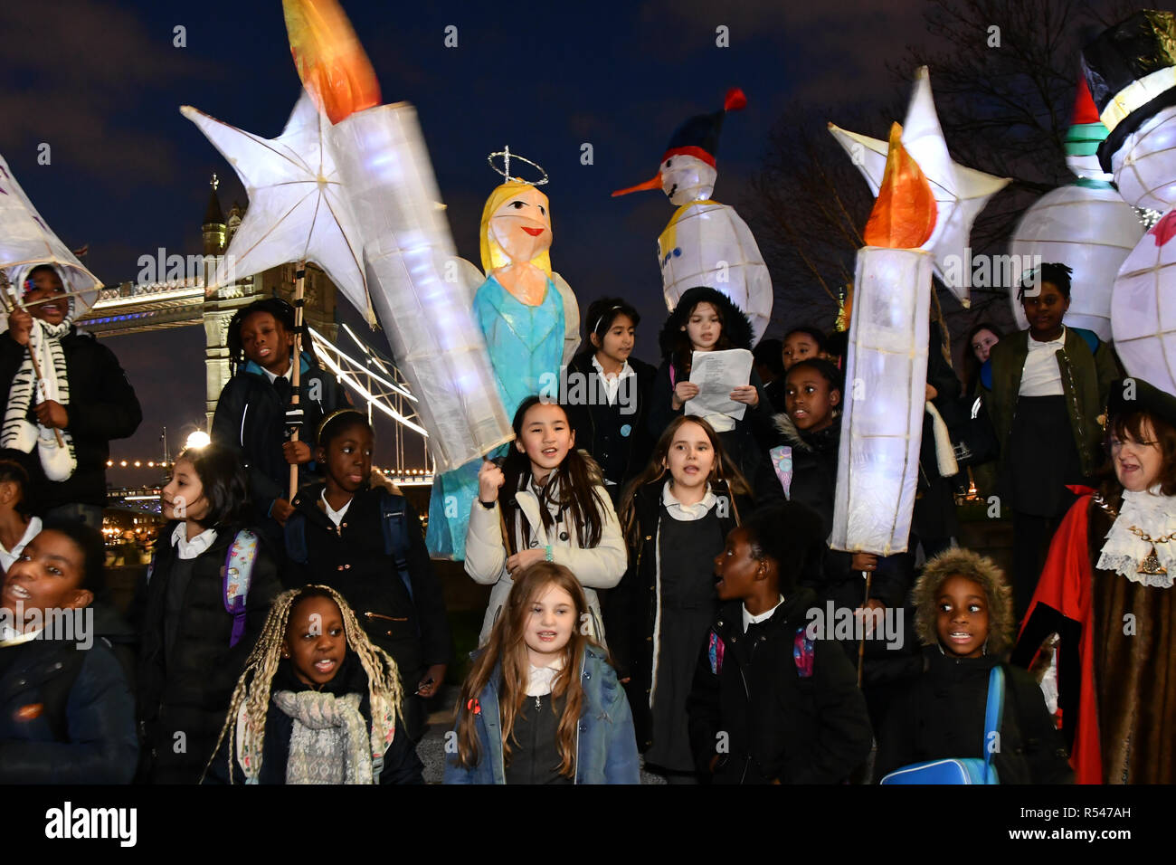 London, UK. 29th Nov 2018. Honourable Councillor Catherine Rose is a Mayor of Southwark join Christmas by the River Launch children from Snowsfields and Tower Bridge Primary Schools of spectacle illuminate procession at London Bridge City and singing jingle bell at Potters Fields Park to Hay Gallery to London Bridge Station on 29 November 2018, London, UK. Credit: Picture Capital/Alamy Live News Stock Photo