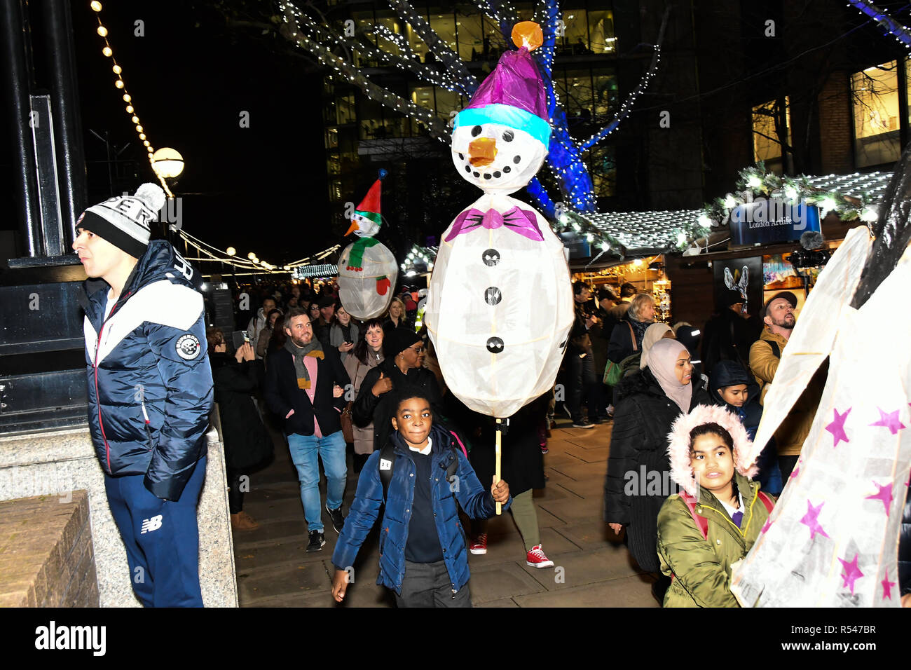 London, UK. 29th Nov 2018. Honourable Councillor Catherine Rose is a Mayor of Southwark join Christmas by the River Launch children from Snowsfields and Tower Bridge Primary Schools of spectacle illuminate procession at London Bridge City and singing jingle bell at Potters Fields Park to Hay Gallery to London Bridge Station on 29 November 2018, London, UK. Credit: Picture Capital/Alamy Live News Stock Photo