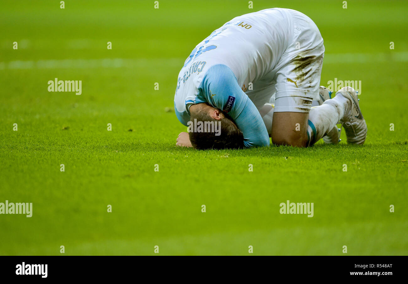29 November 2018, Hessen, Frankfurt/Main: Soccer: Europa League, Eintracht Frankfurt - Olympique Marseille, Group stage, Group H, 5th matchday in the Commerzbank Arena. Duje Caleta-Car from Marseille is lying on the square after an action. Photo: Silas Stein/dpa Stock Photo