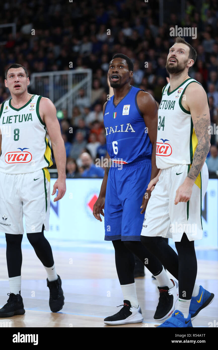 Brescia, Italy. 29th Nov, 2018. FIBA Basketball World Cup Qualifiers: Italy v Lithuania, Brescia, Italy. Paul Biligha (middle) for Italy between Jonas Maciulis (L) and Edgaras Zelionis (R) Credit: Mickael Chavet/Alamy Live News Stock Photo