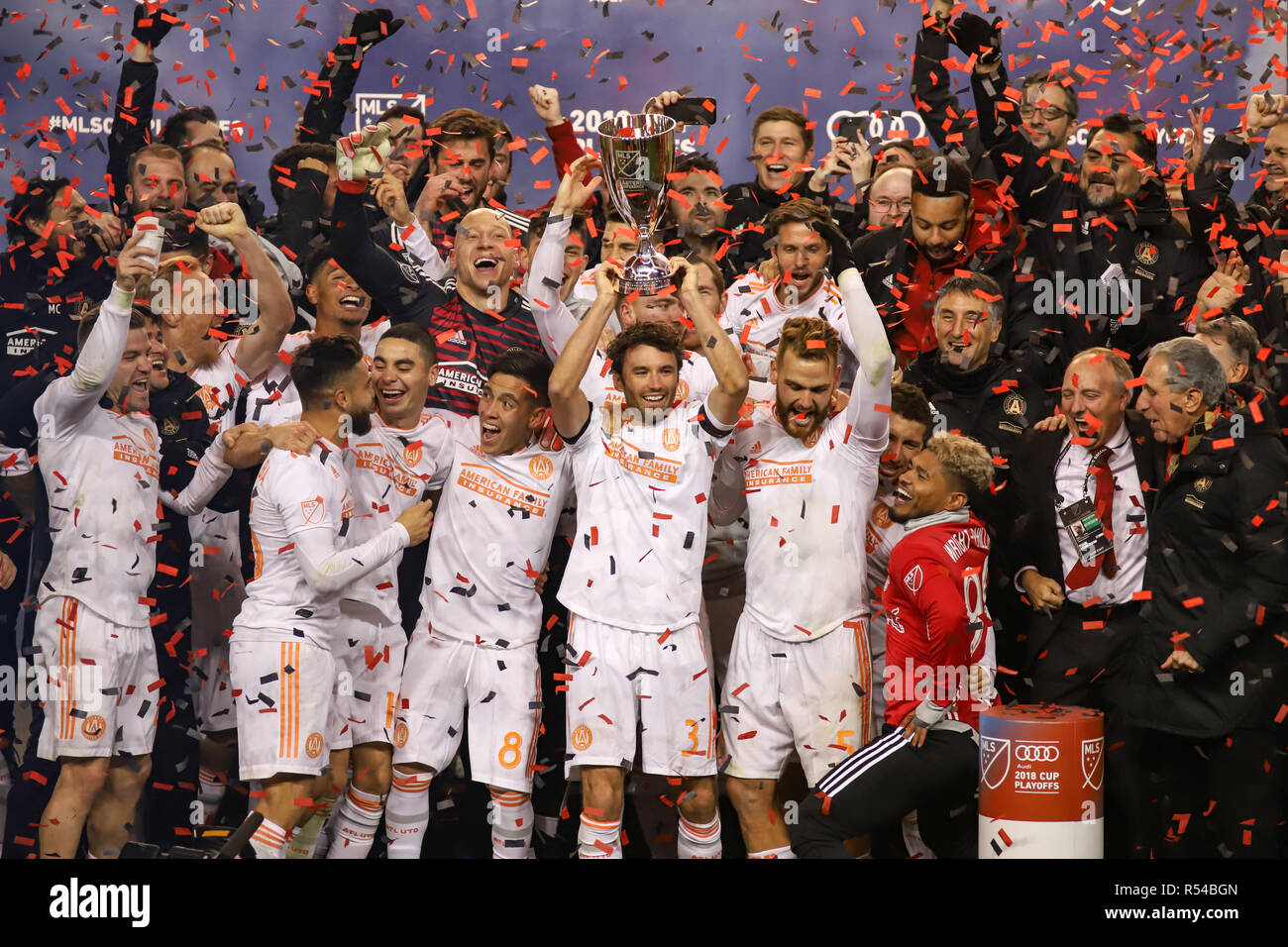 Harrison, NJ, USA. 29th Nov 2018. Michael Parkhurst (3) lifts the trophy after Atlanta United toppled the New York Redbulls 3-1 on aggregate to advance to the MLS Cup Final. Credit: Ben Nichols/Alamy Live News Stock Photo